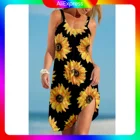 Женское пляжное платье без рукавов, с 3D-принтом подсолнуха, с круглым вырезом