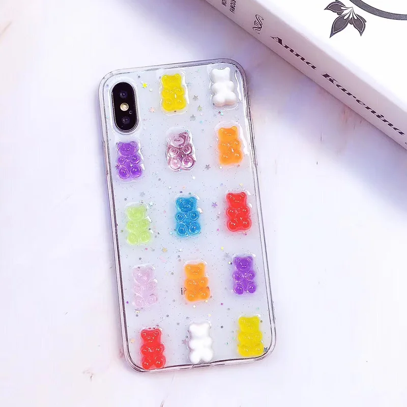 Cute 3D Stereo Candy Color Gummy Bear Glitter Phone Case For iPhone 13 12 11Pro Max X 6 6S 7 8 Plus XS Max XR 11 13 Promax Cover