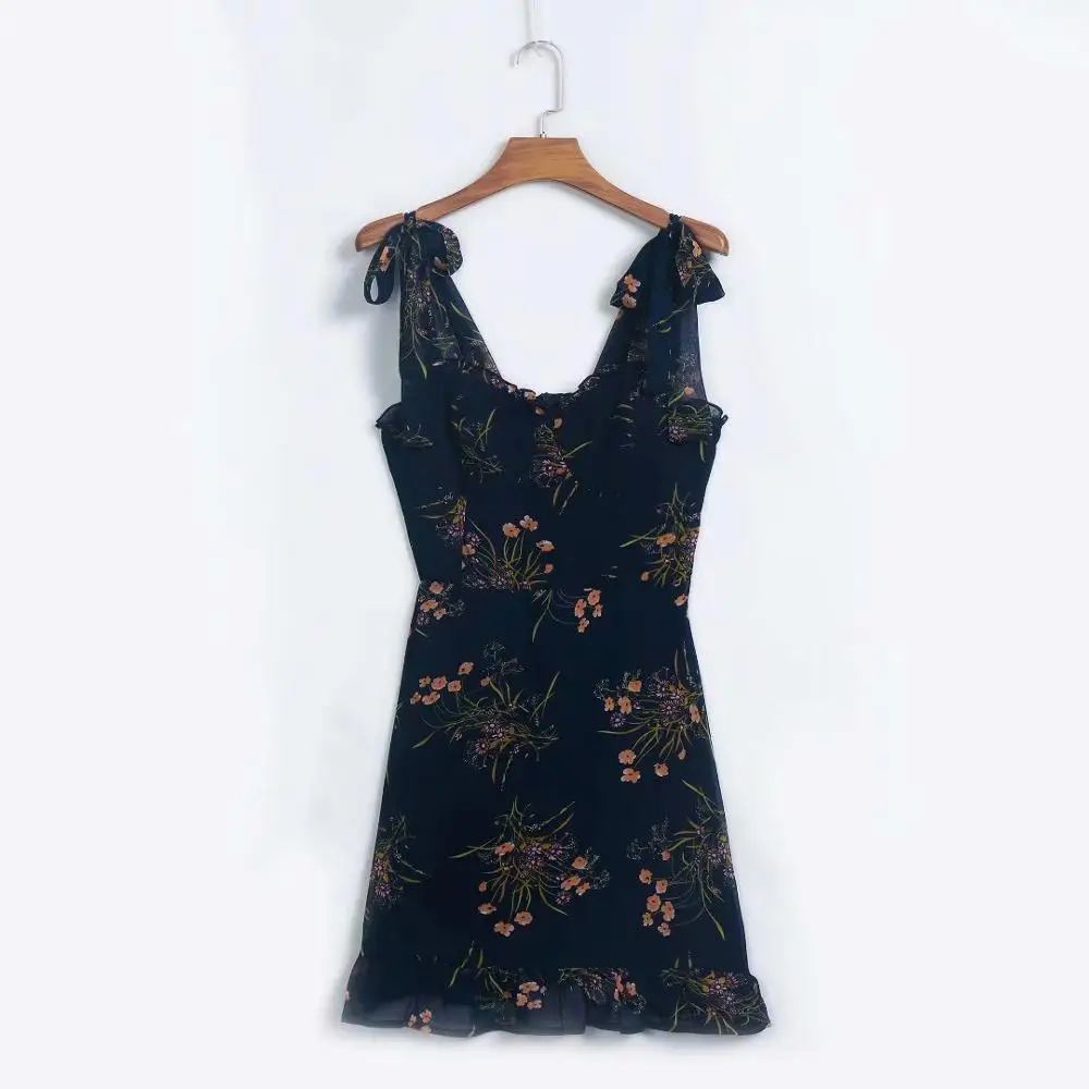short-dark blue Летнее женское Повседневное платье с цветочным принтом и оборками, тонкое пляжное платье на бретельках - Цвет: short-dark blue