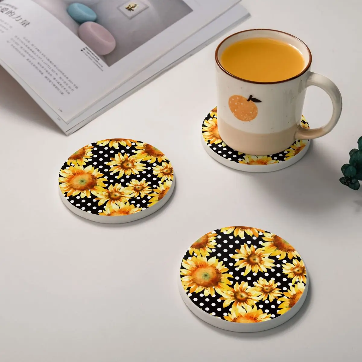 Чайная кофейная чашка Подставка под кружку подсолнухи акварель и точки декор