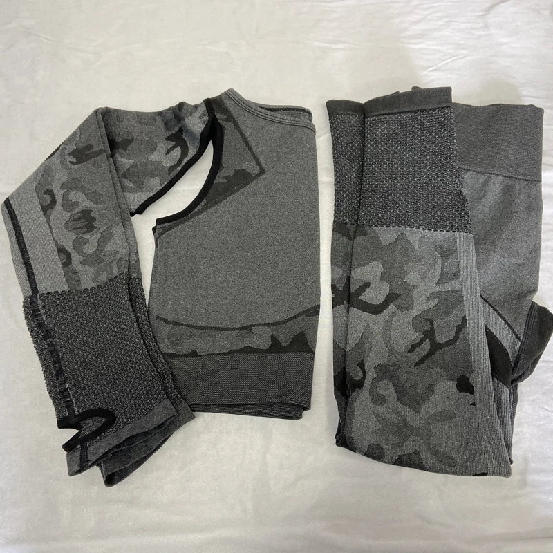 Black set Спортивный бесшовный комплект для занятий йогой, камуфляжная одежда для занятий спортом для спортивного зала, женские леггинсы, дышащий костюм для йоги с длинными рукавами, 2 шт - Цвет: Black set