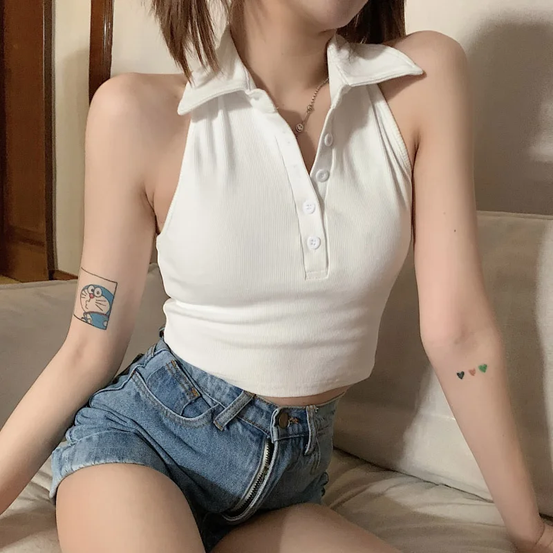 

Halter Sleeveless Knitted Crop Tops Women Sexy Backless Y2K Tank Tops Summer Solid Color Lapel Vest Ladies Button Knitwear