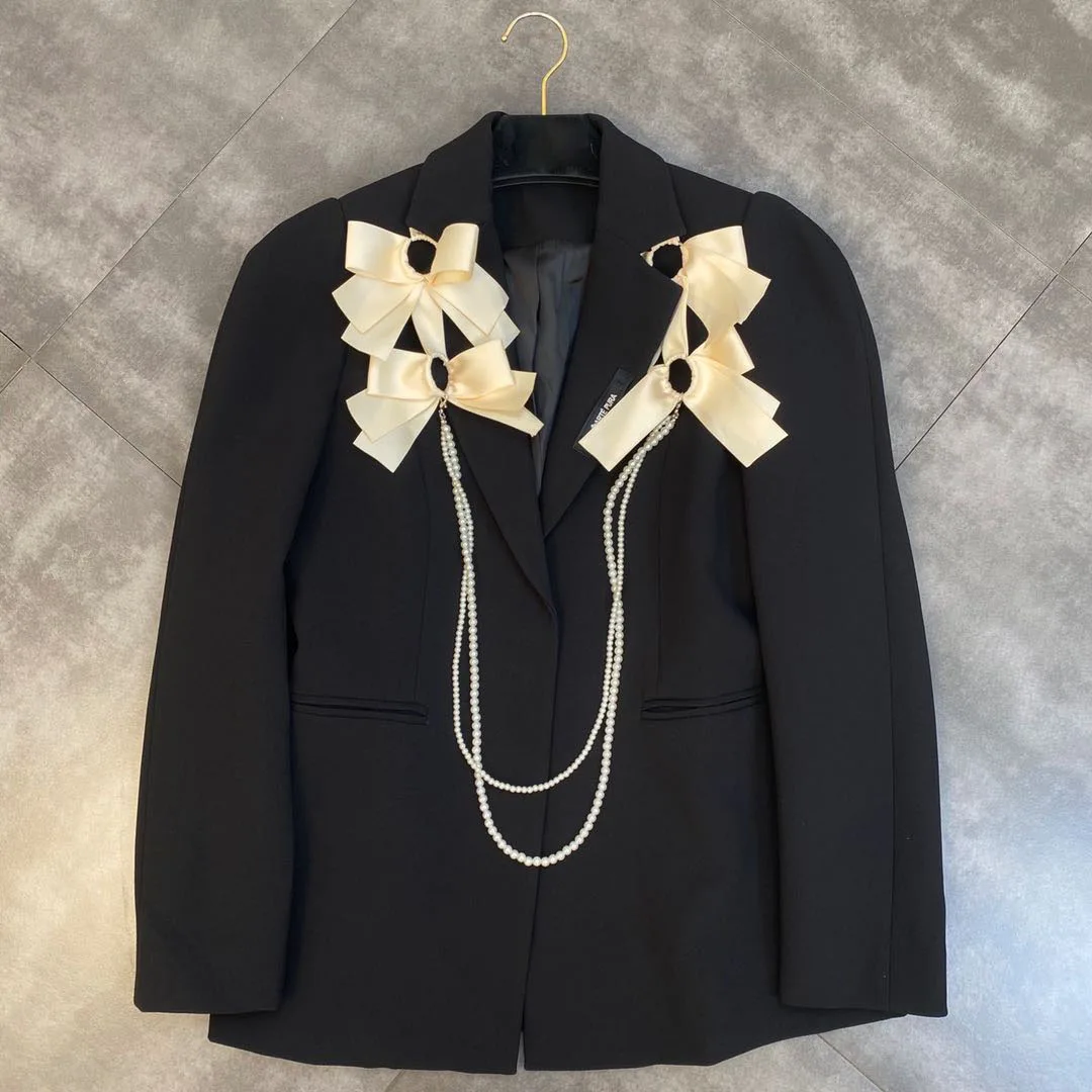 

HIGH STREET Newest 2021 Designer Jacket Women's Loose Style Pearl Chain Large Bow Decoration Long Blazer