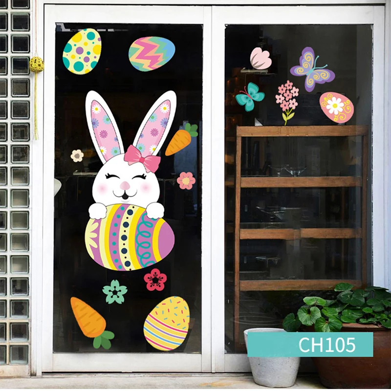 

Happy Easter Stickers Easter Eggs Bunny carrot Electrostatic Sticker Window Glass Decals Easter Home Decoration wall sticker