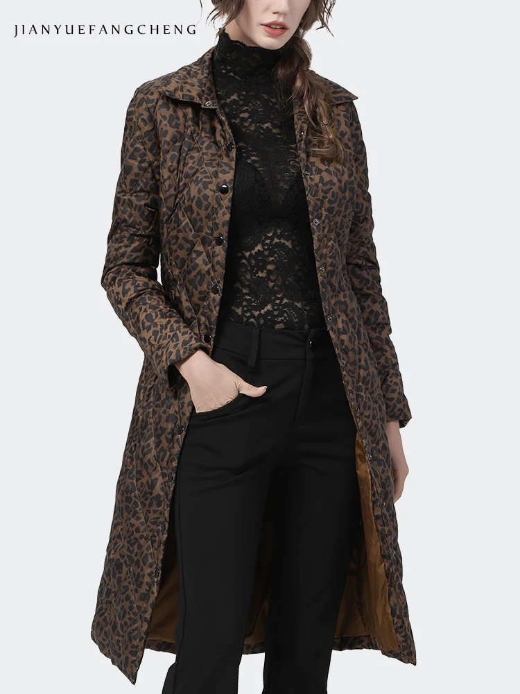 Модный Леопардовый принт женский длинный пуховик для зимы теплый слегка белый