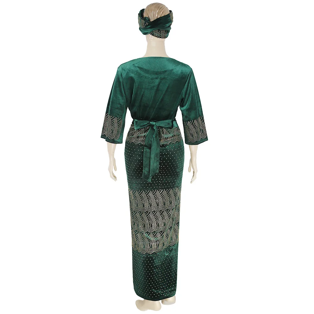 

African Muslim Velvet 3 Piece Sets Tops and Skirt Spring Autumn Diamond Africa Clothing Islamic Long Maxi Dress Sets Lady 2021