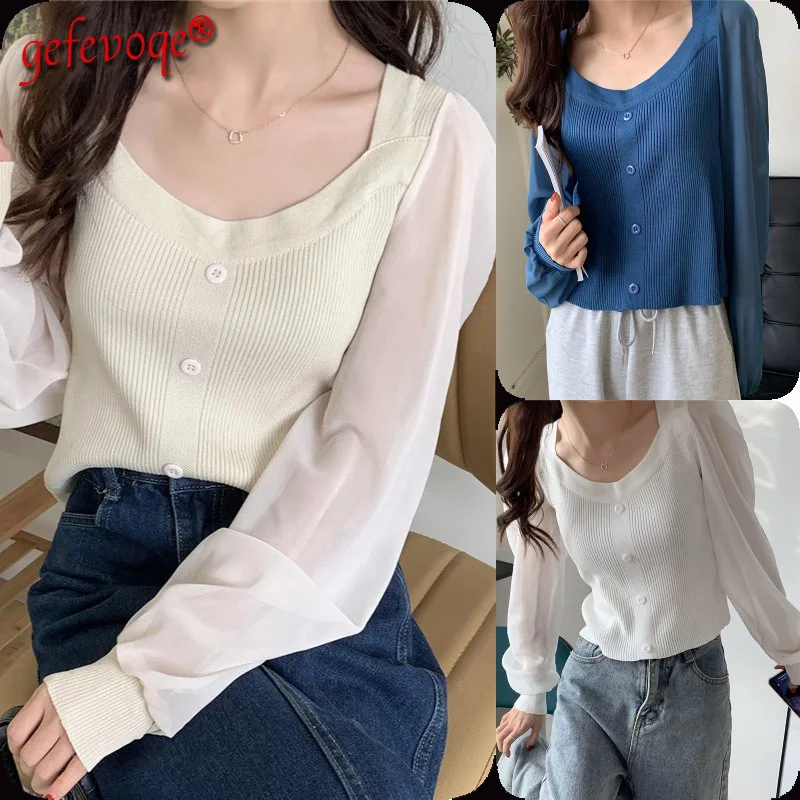 

Lady Fashion Street Casual Pure Slim Patchwork Knit Long Sleeve Sweaters Women Pullover New Autumn Puff Sleeve Knitted Crop Top