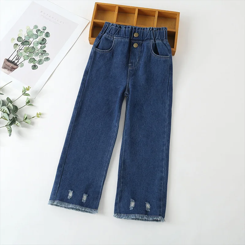 

Walinegha Girls Ripped Jeans Kids Casual Straight Trousers Spring Autumn Children Clothes Blue Wide Pants For 12 14 Years