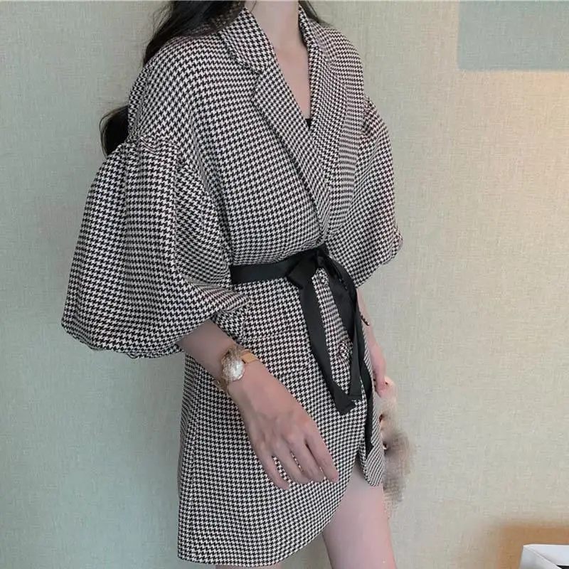 2020 новые женские костюмы рабочие блейзеры Платья клетчатые Длинные куртки с