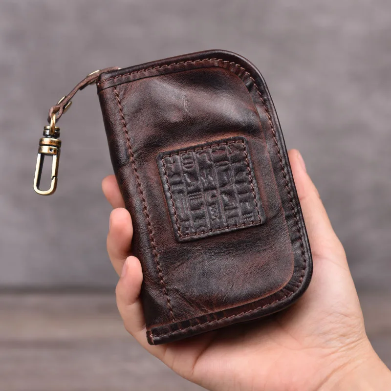 

Retro Tanned Leather Key Bag Large Capacity Handmade Genuine Leather Key Holder with Card Holder Head Layer Leather Coin Purse