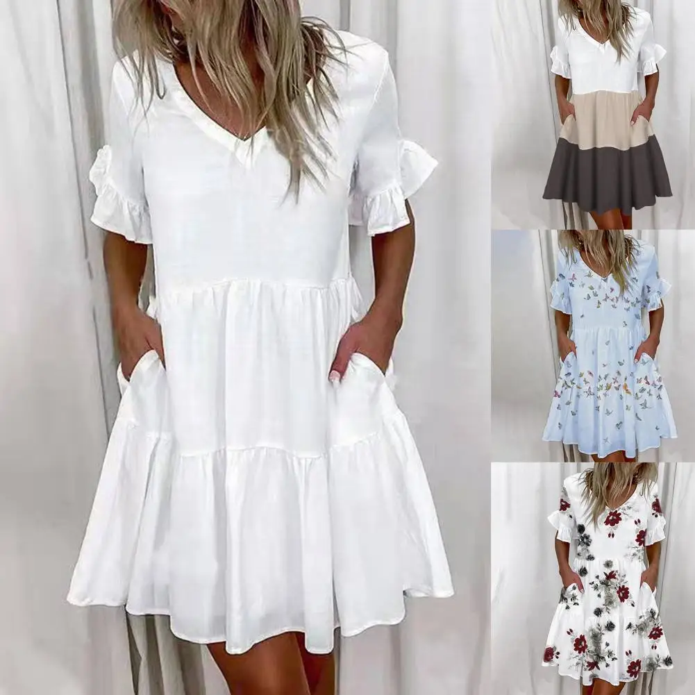 

Women Ruffles Mini Dress Elegant A-Line Sexy V Neck Floral Print Vintage Dresses Female Loose Pocket Casual Party Vestidos