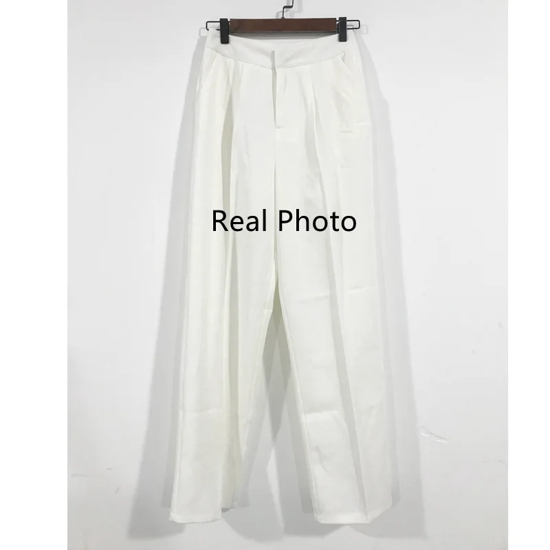 

Not Transparent White Pants For Women High Waist Zipper Pocket Big Large Size Long Wide Leg Navy Blue Trousers