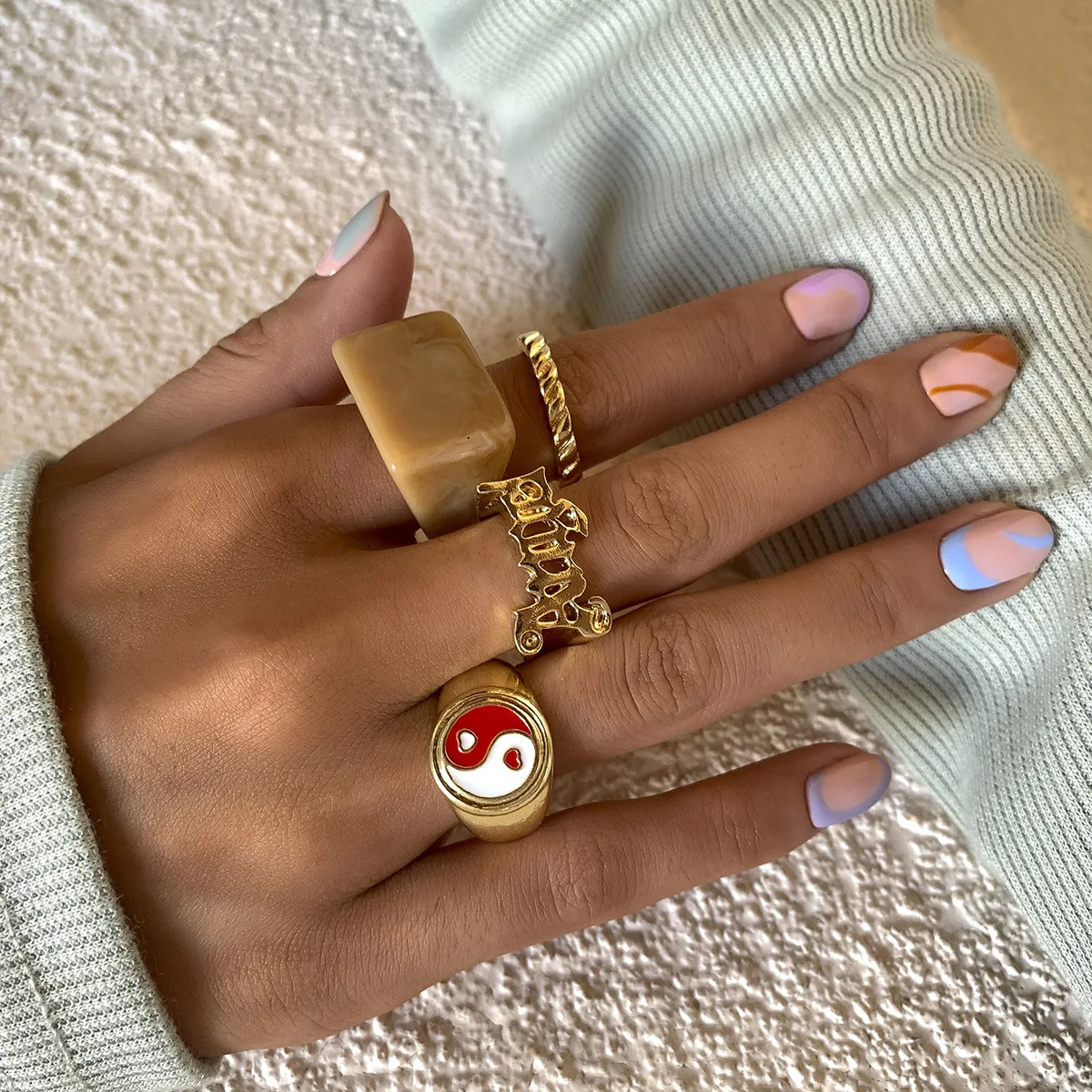 

4pcs/set Creative Geometric Metal Tai Chi Letter Finger Joint Ring For Women Girls Retro Party Jewelry Trendy Statement Ring