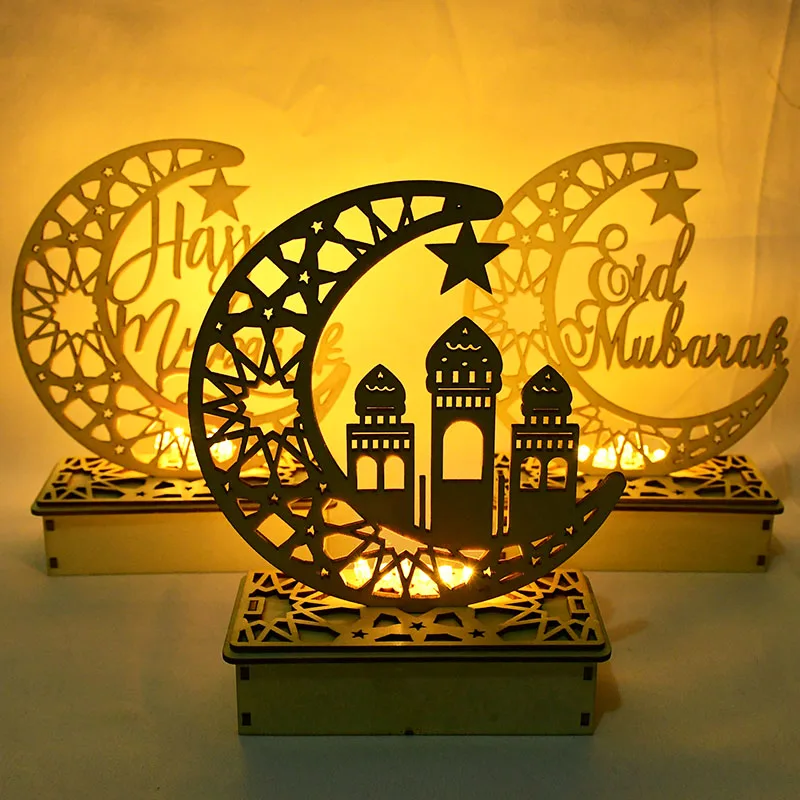 

Eid Mubarak Decoration Led Light Wooden Desktop Ornament DIY Muslim Islamic Palace Al-Fitr Hajj Decor Ramadan Kareem Party Decor