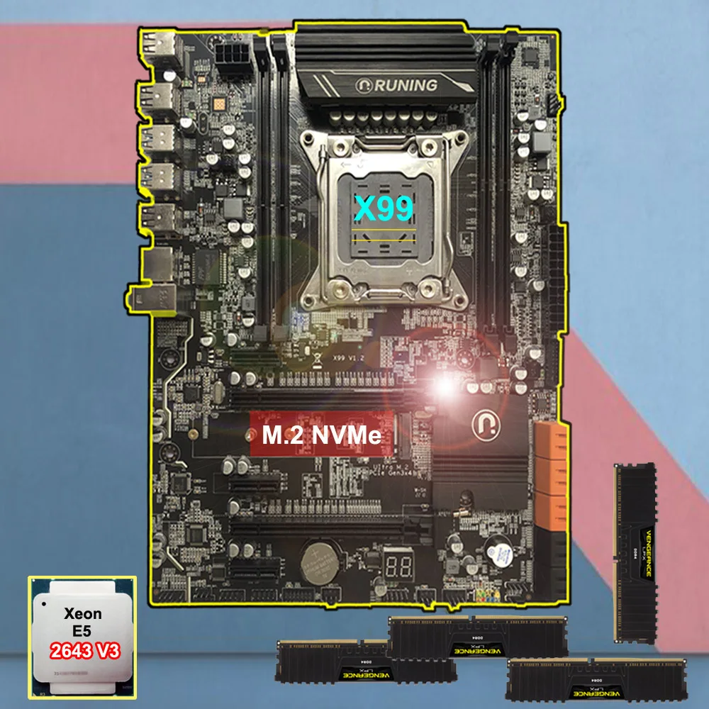 Runing X99 LGA2011 3 материнская плата с высокой скоростью M.2 NVMe слот ЦП Intel Xeon 2643 V3 большой