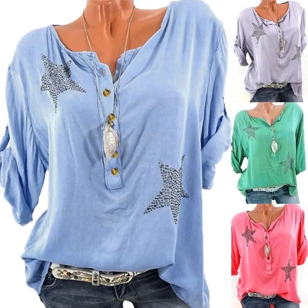 Женская блузка с пуговицами и звездами размера плюс Повседневная летняя v