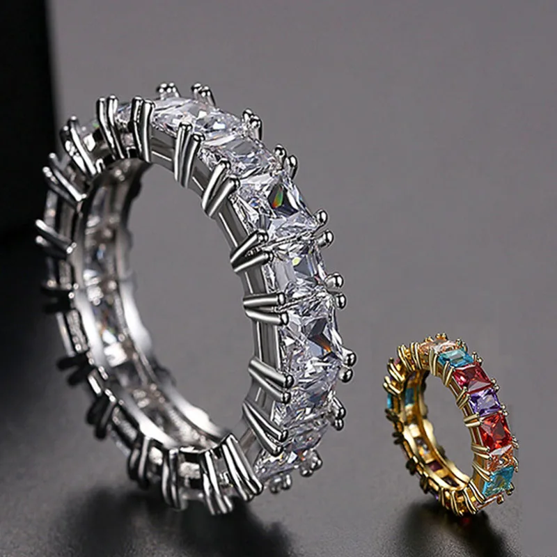 

2020 hot Fashion Baguette Zircon Charm Rings Hip Hop Iced Ring Jewelry Gift Colored Copper Inlaid Zirconium charm Ring new