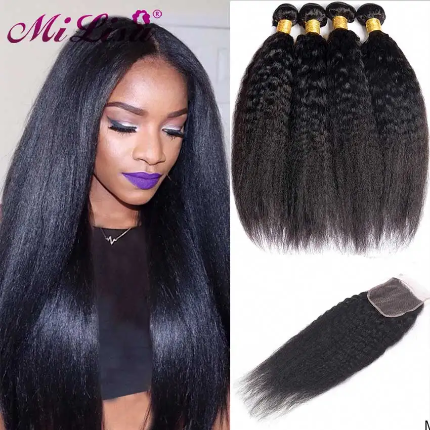 

30 Inch Kinky Straight Bundles With Closure Peruvian Yaki Human Hair Bundles With Closure 3/4 Bundles Deal Remy Hair Extensions