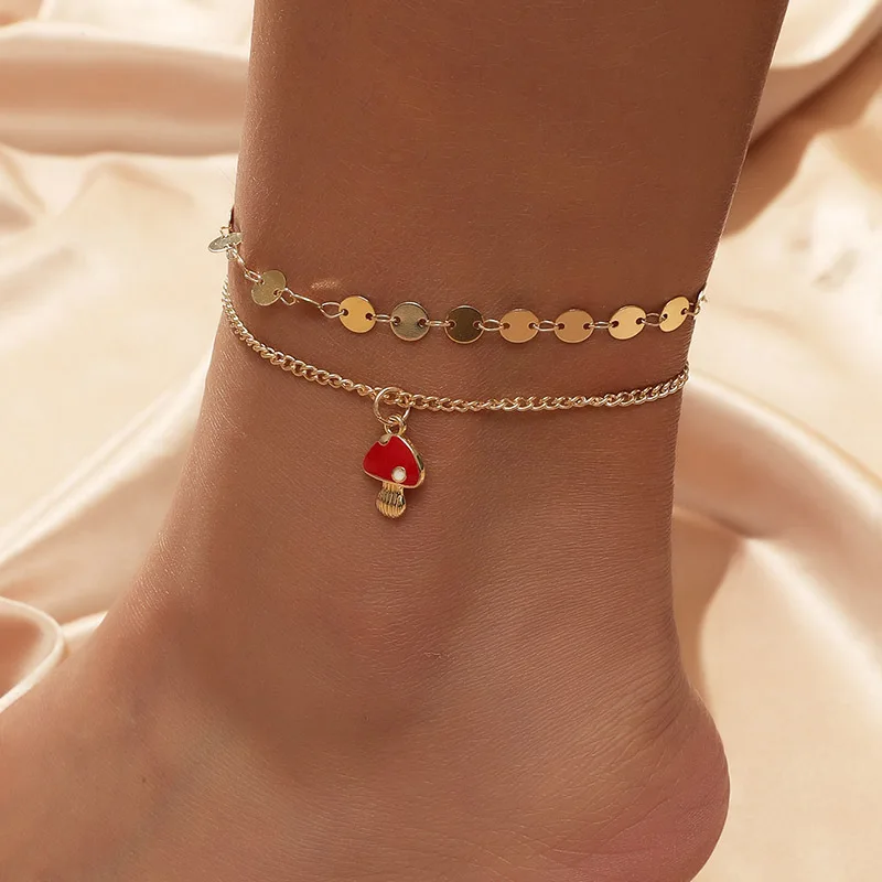

Vintage Gold Color Double Layer Chain On Leg Ankle Anklets For Women 2021 New Chic Cute Mushroom Pendant Anklets Foot Jewelry