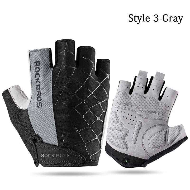 Style 3-Gray ROCKBROS 5 цветов, велосипедные перчатки с полупальцами, силиконовый гель, утолщенная подкладка, анти-скольжение, противоударные, дышащие, MTB, шоссейные, велосипедные перчатки - Цвет: Style 3-Gray