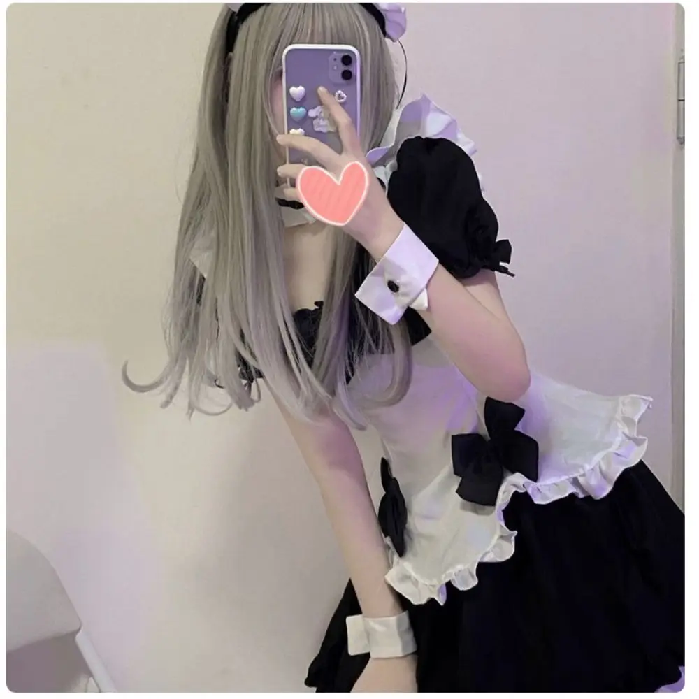 

Черно-белое аниме платье косплей костюм милая японская французская Одежда Хэллоуин Маленький Дьявол-вампир горничная Лолита форма Готика