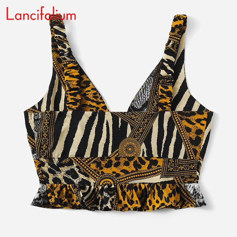 Женский укороченный топ с леопардовым принтом летний открытой спиной и баской