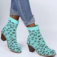 womens ankle boots thick heeled round toe knitted stretch sock boots for ladies leopard print autumn winter short boots