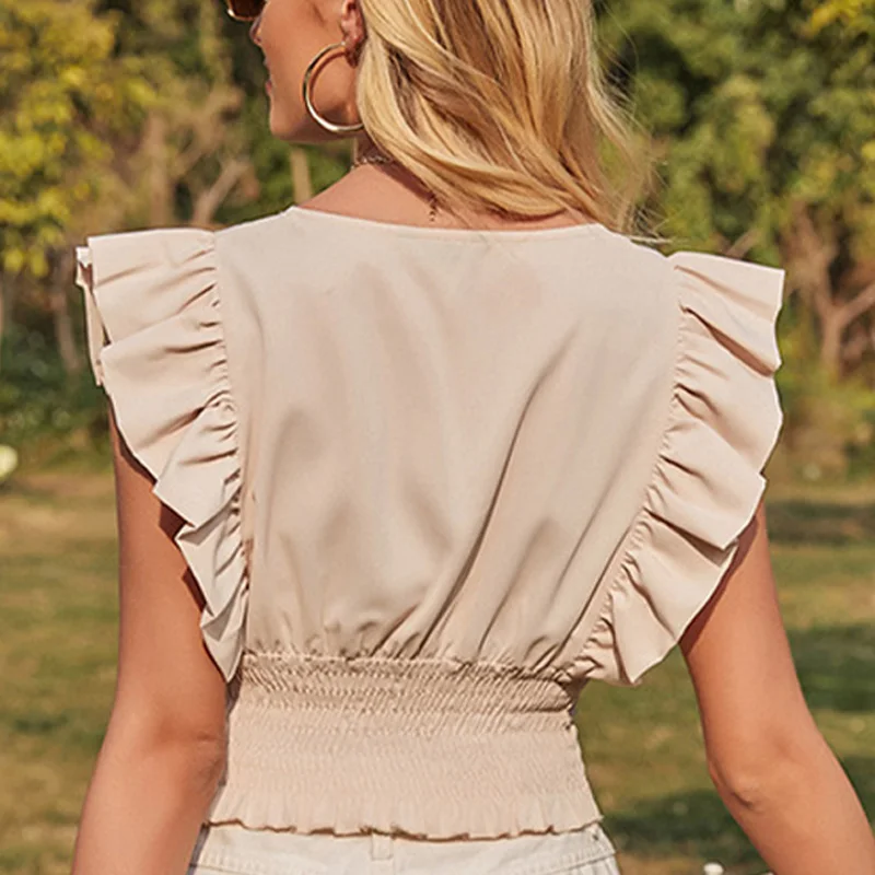 

Ruffles Sleeve Cross V Neck Women's Blouses Summer Elastic Waist Short Tops Female 2021 Solid Slim Casual Patchwork Ladies Top