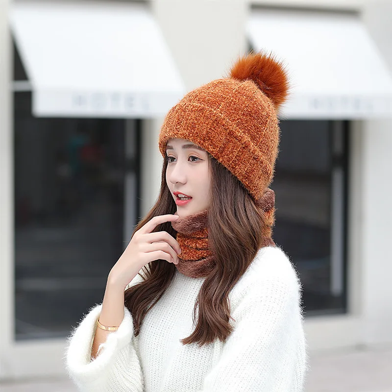Hat Scarf Set Winter Women Plus Velvet Thick Warm Outdoor Sport Chenille Knit Hat And Scarf Korean Female Beanies Caps F24810AD