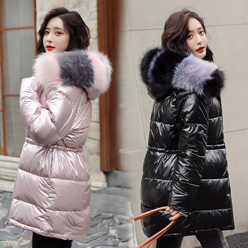 

Женское зимнее пальто, глянцевые женские куртки, плотные теплые парки, приталенная зимняя одежда с большим мехом, пальто, водонепроницаемая...