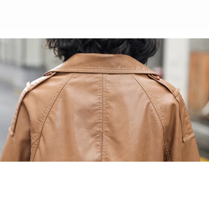 New Women Leather Jacket Spring Autumn 2022 Casual Fashion Solid Color Elastic Waist Loose Sheepskin Trench Coat Biker Jacket