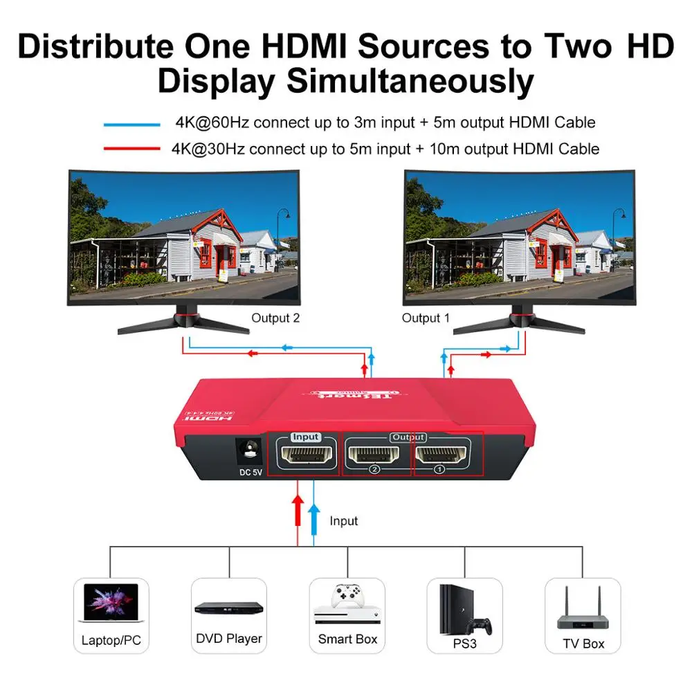 1x2 HDMI Сплиттер 4 k@ 60Hz двойной монитор дублирующий сплиттер HDMI 1 в 2 Выход HDMI переключатель видео и аудио Ultra HD 4 k@ 60Hz 3D HDCP2.2
