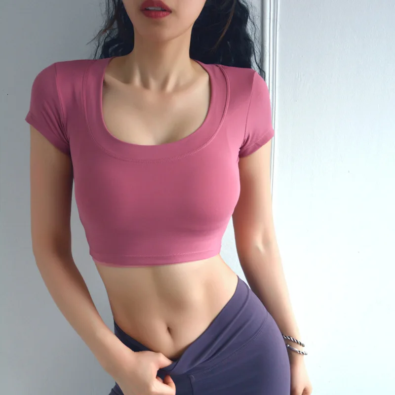 

Pure-color Yoga Shirts Body-building Exercise Short-sleeved Running Yoga Woman's Autumn Fast-drying Breathable Fitness T-shirt