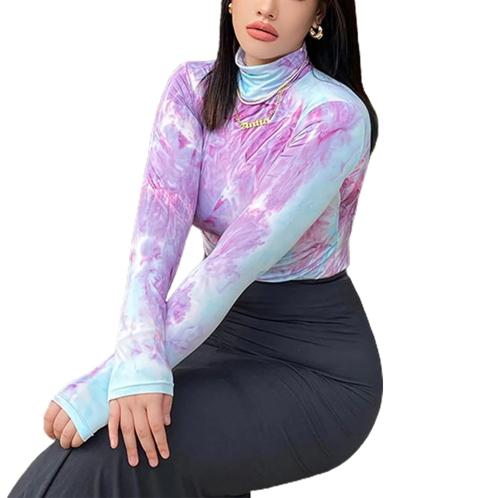 

Turtleneck Tie Dye T-Shirt Bodycon Top Autumn Winter T-Shirts Sexy Floral Vintage Fashion Tee Clothes for Women
