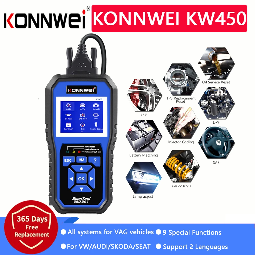 

KONNWEI KW450 Professional OBD2 Diagnostic Scanner Code Reader For VAG ABS Airbag Oil EPB DPF SRS TPMS Reset For VW For Audi