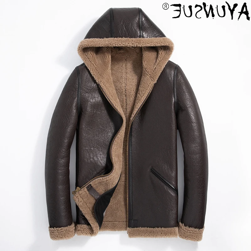 

Men Winter Jacket Clothing Genuine Sheep Shearling Fur Coat Hooded Parka Real Sheepskin Leather Jackets Jaqueta LXR794