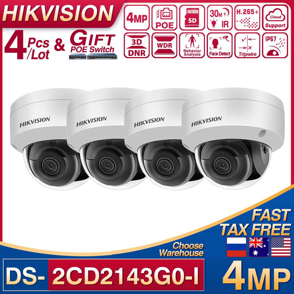 

Hikvision 4 шт./лот DS-2CD2143G0-I POE IP-камера 4 МП купольная сеть видеонаблюдения IPC слот для SD-карты H.265 + 2 анализатора поведения, распознавание лица