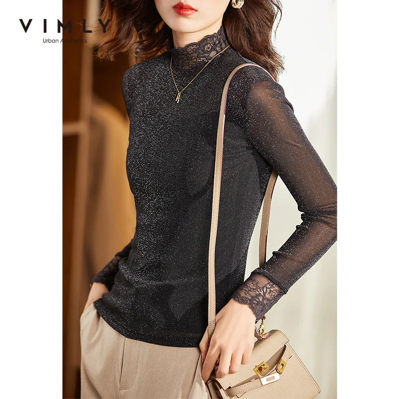 

Vimly Women Pullover Shirt Fashion Lace Turtleneck Bright Silk Tops Slim Winter Clothes Elegant Female Bottoming Tshirts F9028