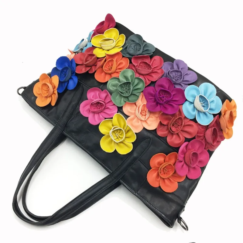 

Vintage Women Sheepskin Genuine Leather Tote Bag Lady Colorful Flowers Shoulder Bag Shopping Handbag Big Capacity Crossbody Bags