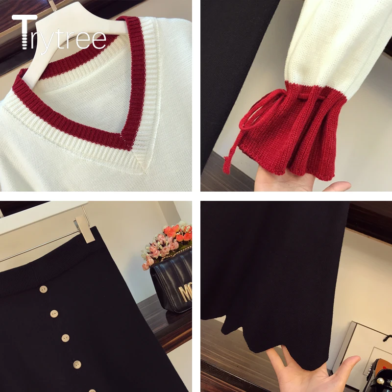 

Trytree 2021 Spring Two Piece Women Set Casual Flare Sleeve Tops + Elastic Waist Button Skirt Knitted Office Lady 2 Piece Suit