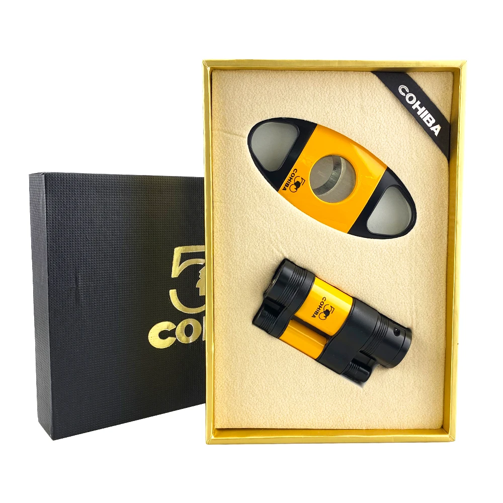 COHIBA Cigar Lighter Torch Set Cutter Set 2  Jet Flame Gas Cigar Accessories Tool Butane Cigarette with Cigar Punch for Gift Box enlarge