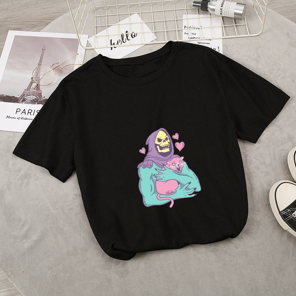 Cute Skull Cat T-Shirt Unisex Aesthetic Grunge Black Tee Gothic Clothing Witch Shirt Womens Short Sleeve Harajuku Chic T Shirts | Женская