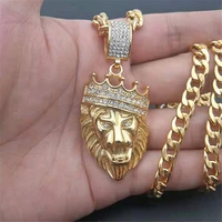 hip hop lion head pendant necklace charm gold color iced out cubic zircon animal necklace for men jewelry gifts dropshipping