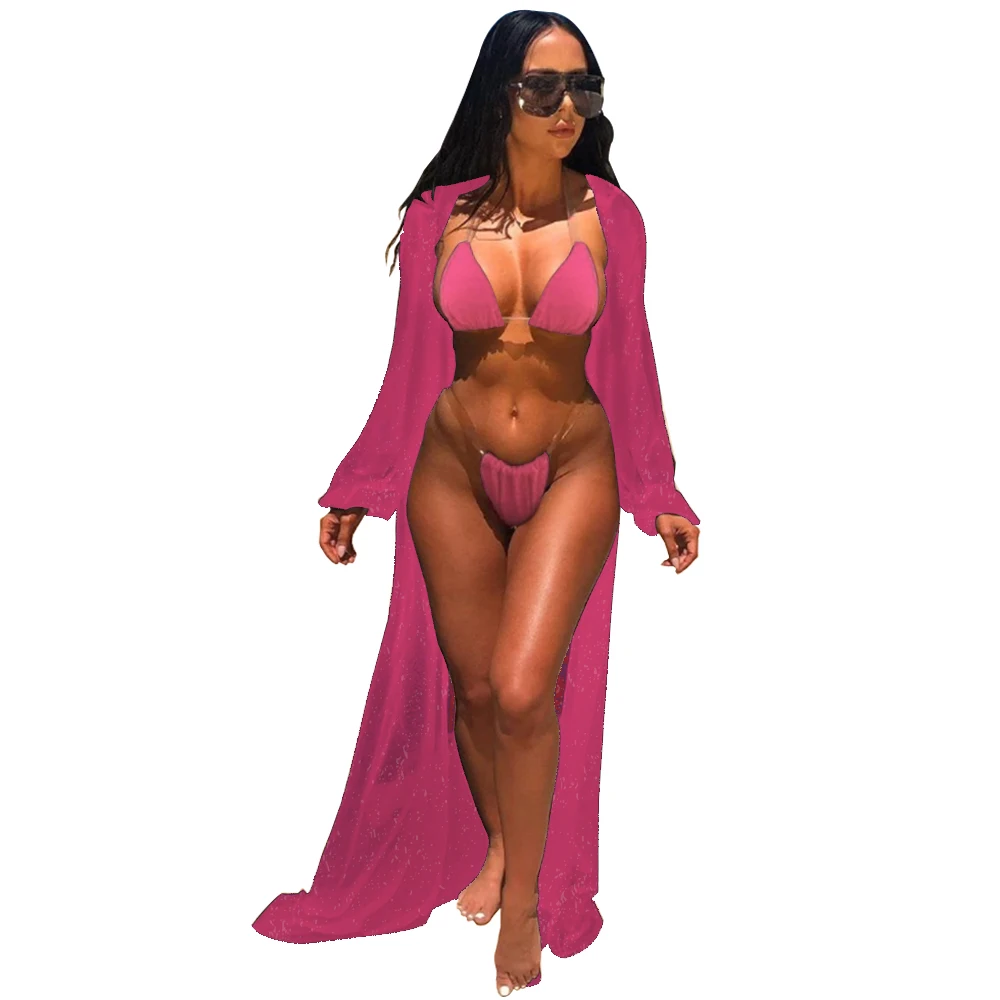 Женский летний пикантный пляжный однотонный плащ с длинным рукавом и V-образным