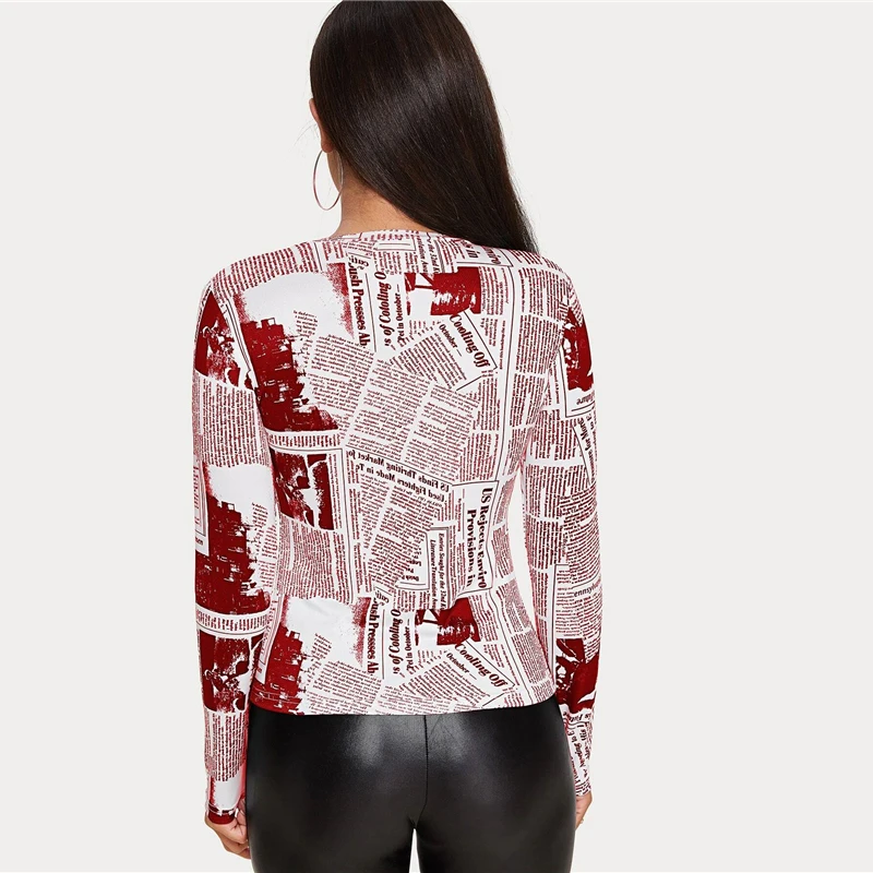 SHEIN Женская Повседневная футболка с буквенным принтом и круглым вырезом на весну и осень, облегающие уличные футболки с длинным рукавом