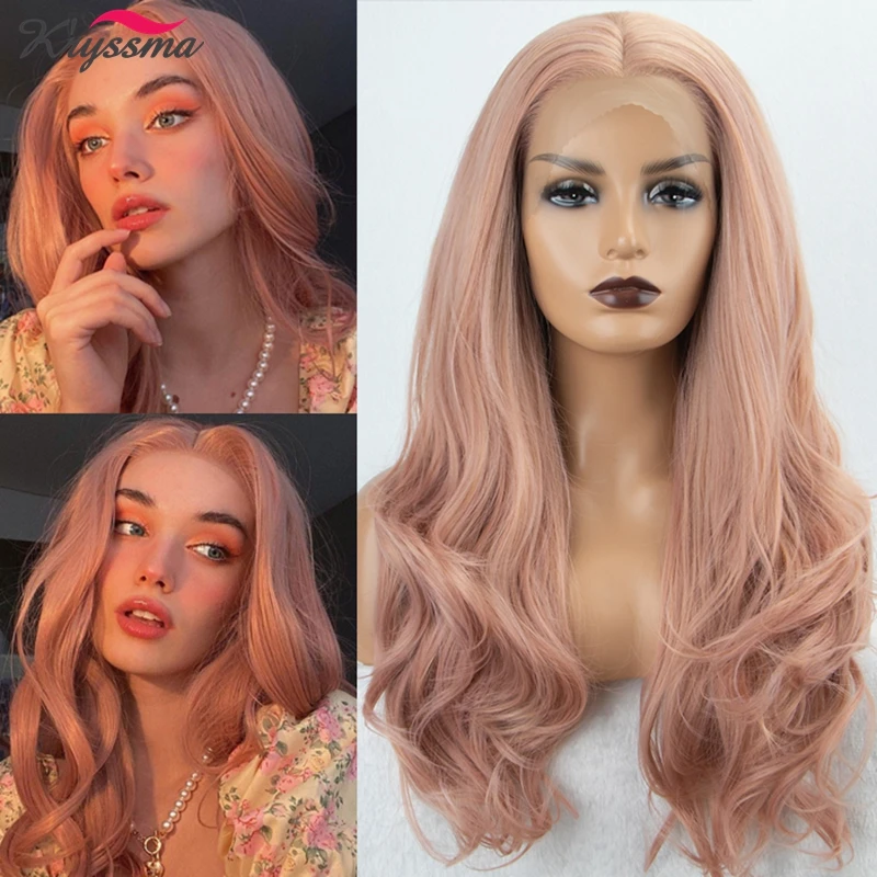 Kryssma Pink Blonde Lace Front Wig Long Natural Wave Synthetic Lace Wigs For Women Cosplay Wigs Glueless Heat Resistant Fiber