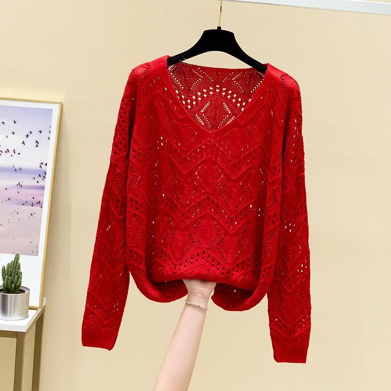 

Hollow-out sweater female han edition loose render blouse long-sleeved v-neck sweater thin new spring 2021 fashion