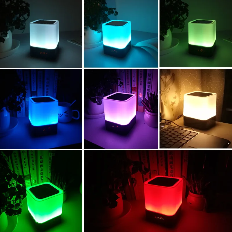 

New LED atmosphere touch light audio card FM small speaker USB night light alarm clock Bluetooth speaker