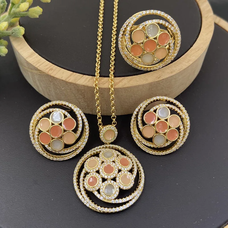 

Lanyika Fashion Jewelry Set Graceful Ball Flower Drip Oil Micro inlay Necklace with Earring and Ring for Women Wedding Best Gift