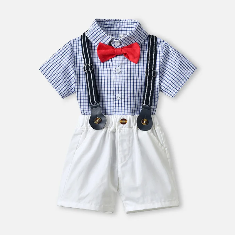 

Детский комплект из 2 предметов, клетчатая хлопковая рубашка с коротким рукавом и шорты с галстуком-бабочкой в пасторальном стиле, лето 2021